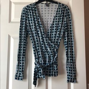 Ann Taylor Teal and White Geometric Wrap Top